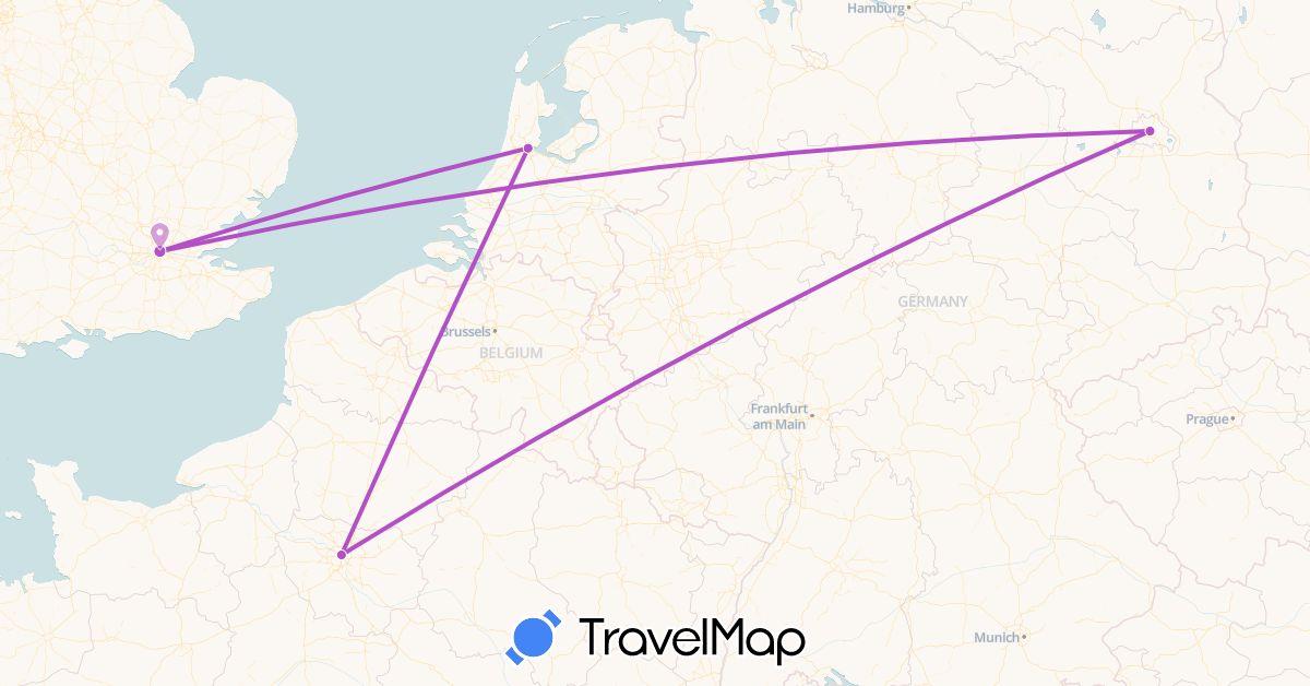 TravelMap itinerary: driving, train in Germany, France, United Kingdom, Netherlands (Europe)